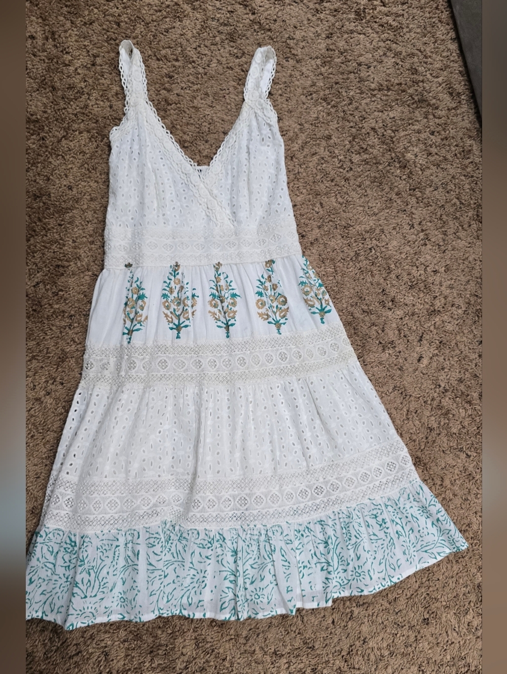 Sacred Threads White Eyelet Midi Dress with Teal and Gold Embroidery
